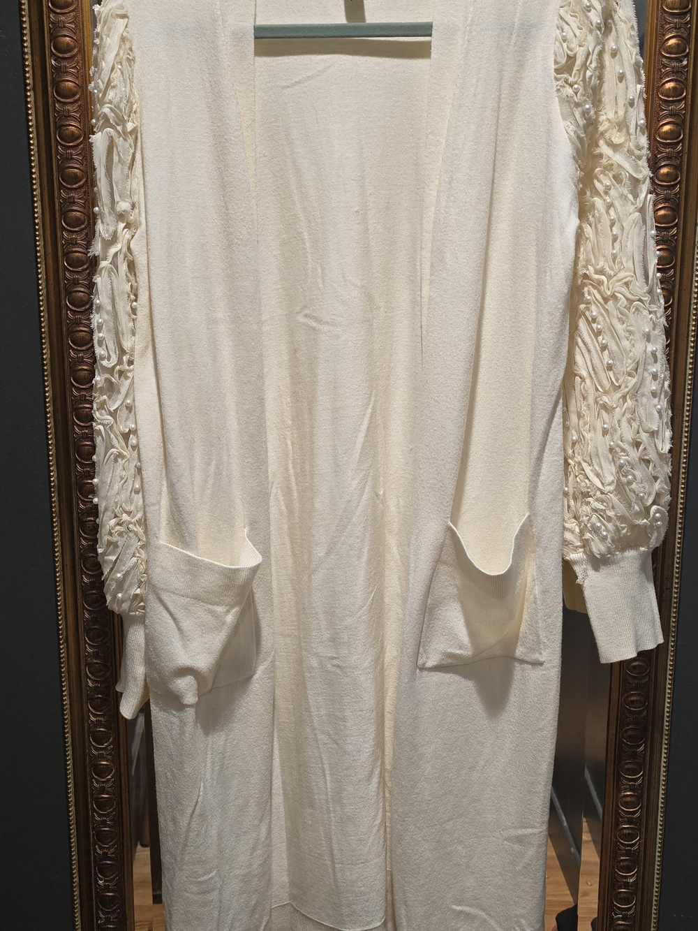 Christian Siriano Cream Open Cardigan with Beaded Sleeves